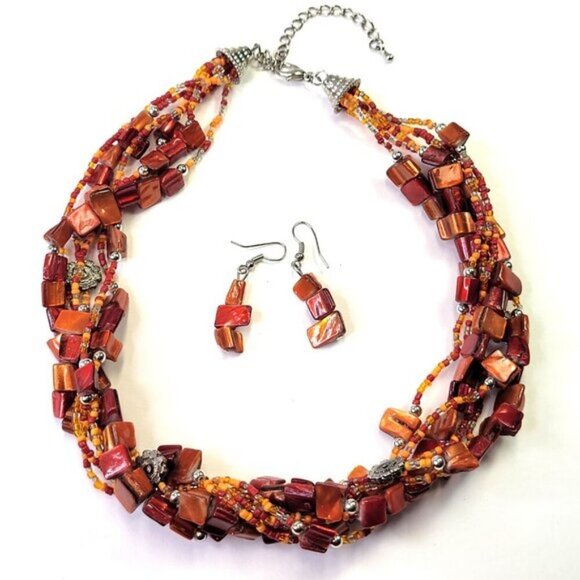 Iridescent Red Coral Floral Multi Strand Necklace With Earrings - Picture 2 of 13
